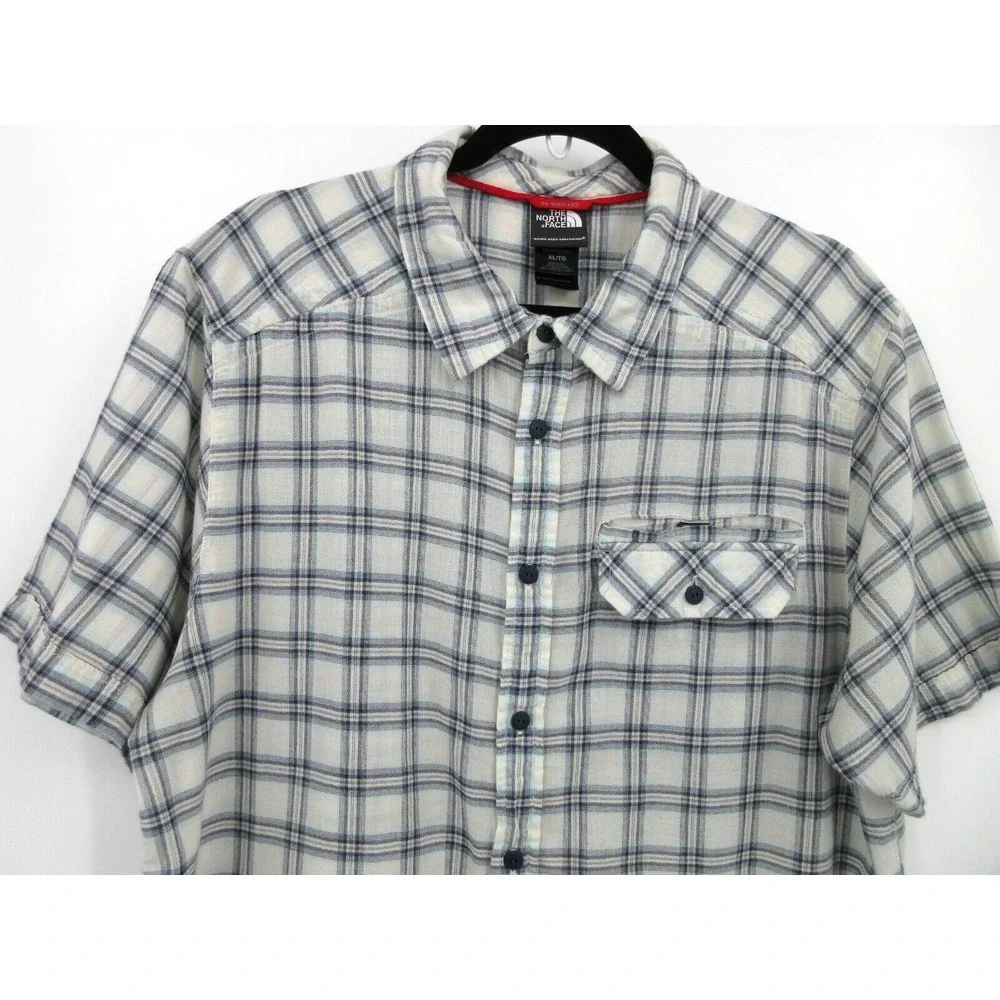 THE NORTH‎ FACE BUTTON FRONT SHORT SLEEVE SHIRT Men's Size XL White Blue Plaid